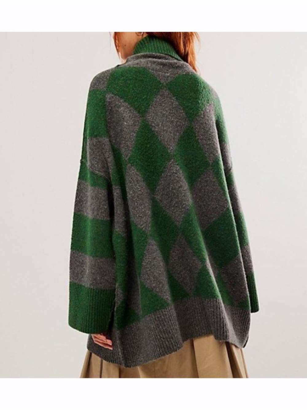 Free People Harley Oversized Argyle Cowl Neck Sweater Green Gray Women’s M - Picture 3 of 9